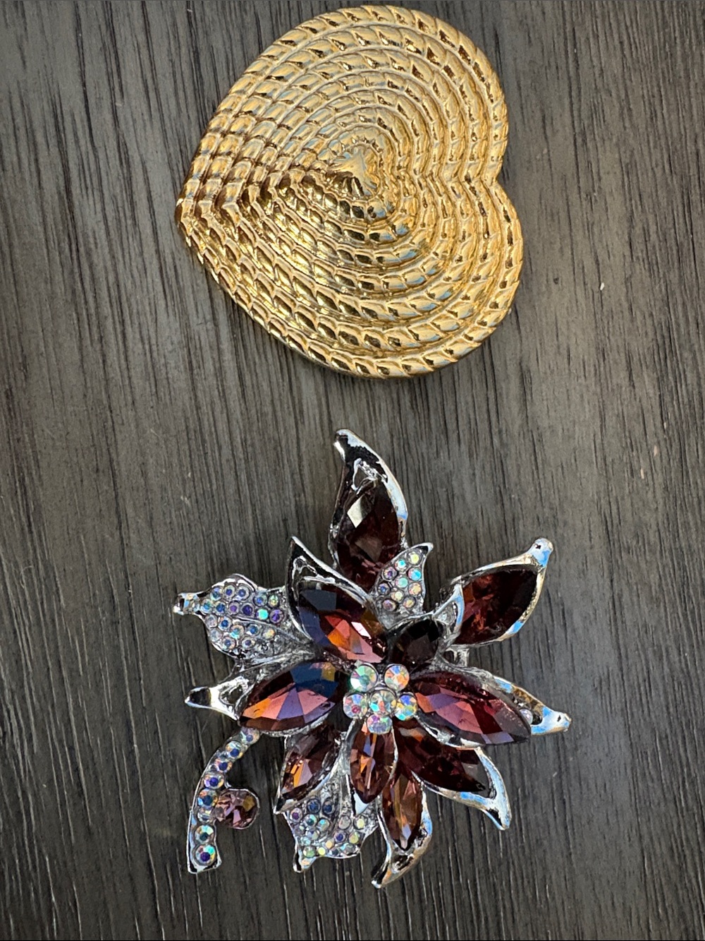 Gold-Tone Flower Brooch with Purple/Burgundy Crystals - Unbranded